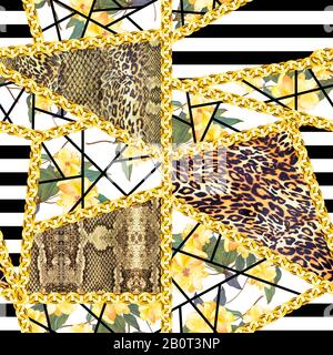 Texture de la peau des animaux avec fleurs jaunes et chaînes d'or sur fond de rayures noires. Motif de mode sans couture. - illustration Banque D'Images