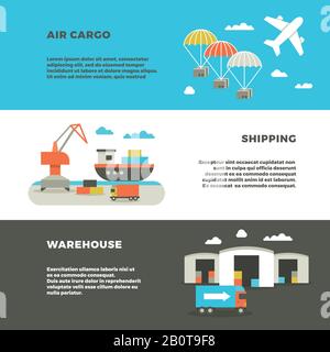 Livraison de fret transport et logistique vecteur de services publicitaires bannières. Entrepôt avec conteneur et expédition, illustration air et maritime Illustration de Vecteur