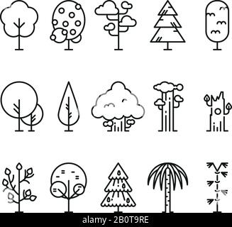 Arbres de lignes de contour simples primitifs. Symboles plantes de la nature. Plante d'arbre linéaire, illustration de l'arbre de forêt linéaire naturel Illustration de Vecteur