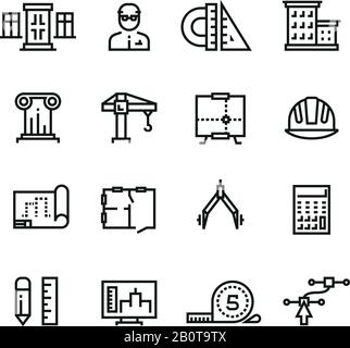 Architecture, planification de bâtiment, construction de maison lignes vectorielles icônes définies. Construction de lignes d'architecture, illustration de la construction de plans graphiques Illustration de Vecteur