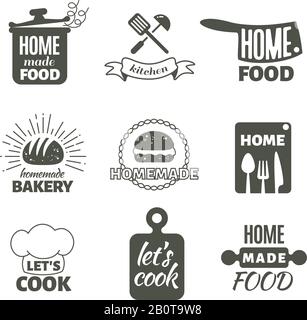 Cuisine rétro à la maison et badges et logos vectoriels faits à la main. Logo du restaurant de cuisine maison, illustration du menu des étiquettes Illustration de Vecteur