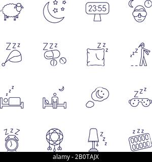 Icônes de problèmes d'insomnie et signes vectoriels de troubles du sommeil. Ensemble d'icônes de veille, illustration du repos du lit en veille Illustration de Vecteur