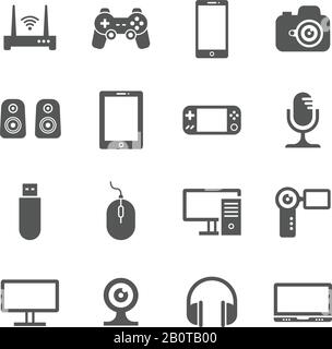 Gadgets informatiques et icônes vectorielles de périphériques numériques portables. Vidéo et audio de dispositifs électroniques, illustration de dispositifs de gadgets Illustration de Vecteur