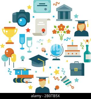 Journée de graduation et concept de vecteur d'apprentissage avec des icônes de fête des diplômés. Université de graduation et illustration du collège de graduation Illustration de Vecteur
