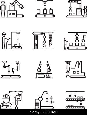 Lignes d'assemblage de fabrication robotisées et convoyeur automatique avec icônes vectorielles de ligne de manipulateurs. Machine de production automatique en cours de travail, illustration de la fabrication de machines en usine Illustration de Vecteur