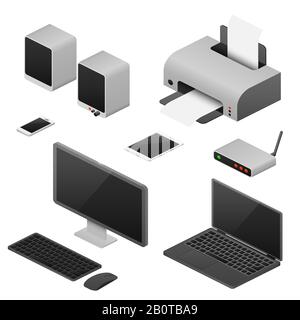 Ordinateurs vectoriels isométriques de poste de travail numérique, fournitures de bureau. Routeur et tablette isométrique, équipement pour l'illustration isométrique du bureau du lieu de travail Illustration de Vecteur