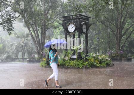 Une jeune dame qui passe devant la tour de l'horloge sous des pluies torrentielles dans les jardins botaniques de Singapour, site classé au patrimoine mondial de l'UNESCO, en Asie Banque D'Images