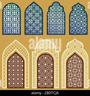 Fenêtres et portes islamiques avec décor d'art arabe scénario vectoriel. Fenêtre et porte de style islamique Illustration de Vecteur