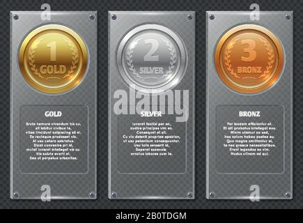 Infographies sportives ou vectorielles d'entreprise avec les médailles des lauréats. Médailles de trophées et médailles de gagnants dans l'illustration de la plaque de transparence Illustration de Vecteur