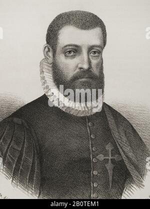 Pedro Menendez de Aviles y Alonso de la Campa (1519-1574). Marine espagnole. Portrait, détail. Illustration de Llanta. Lithographie. Cronica Général De España. Historia Ilustrada y Descriptiva de sus Provincias. Asturies et Leon, 1867. Banque D'Images