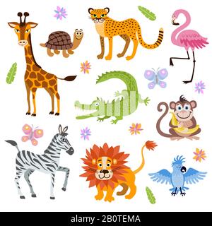 Joli jeu de vecteurs jungle et animaux de safari pour enfants livre. Animal de jungle de dessin animé, illustration d'animaux de safari Illustration de Vecteur