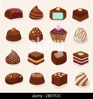 Ensemble vectoriel de desserts et bonbons au chocolat à dessin animé. Dessert de bonbons au chocolat, illustration d'un gâteau au chocolat sucré Illustration de Vecteur