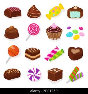 Set vectoriel de bonbons et sucettes au chocolat noir de dessin animé. Mets sucrés pour desserts, chocolat et friandises Illustration de Vecteur