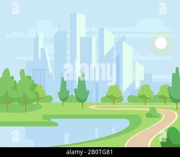 Nature du printemps ou de l'été et arbres verts dans le parc de la ville avec illustration vectorielle de l'horizon urbain. Parc naturel avec étang et arbre vert Illustration de Vecteur