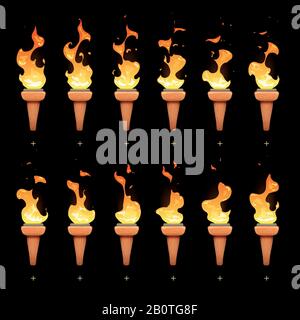 Animation de torche avec jeu de vecteurs d'images-objets de séquence d'incendie de dessin animé. Lampe torche d'animation, illustration de la torche de mouvement de combustion Illustration de Vecteur