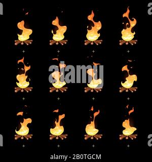 Images-objets animées à flamme de feu de cheminée à vecteur de dessin animé. Illustration de l'animation de feu, combustion de l'interface utilisateur de feu de camp Illustration de Vecteur
