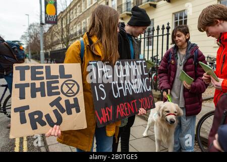 Cambridge, Royaume-Uni. 21 février 2020. L'UCU Cambridge Zero Carbon Society tient un rassemblement communautaire avec la rébellion d'extinction pour soutenir les conférenciers universitaires. Ils demandent également à l'université de Cambridge de se défaire de Fossil Fuels et de réduire les liens avec l'industrie du combustible fossile. Penelope Barritt/Alay Live News Banque D'Images