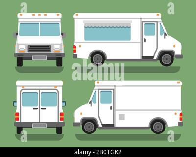 Livraison de dessins animés blanc vide boîte alimentaire camion vecteur maquette. Illustration de la voiture de cuisine de rue, côté camion de transport avant et arrière Illustration de Vecteur