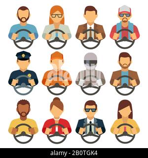 Les pilotes homme et femme sont des icônes plates vectorielles. Opérateur ou coursier de conduite, illustration des conducteurs de femme Illustration de Vecteur