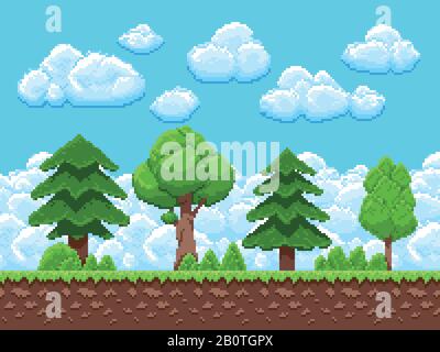 Paysage vectoriel de jeu de pixels avec arbres, ciel et nuages pour jeu d'arcade vintage de 8 bits. Illustration de l'interface de scène de jeu paysage Illustration de Vecteur