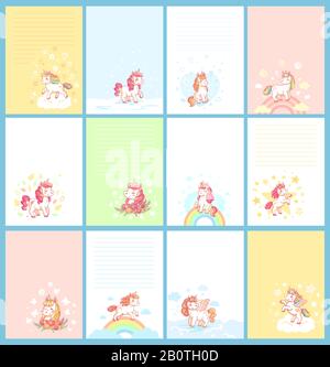Magic mignon unicorn modèle de dessin animé pour calendrier d'anniversaire, carte de journal fille, note d'enfants ou planificateur pour enfants. Jeu de cartes vectorielles Illustration de Vecteur