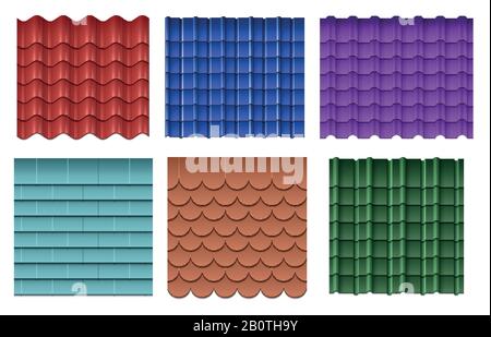 Tuiles de toit. Kit vectoriel de matériaux de toiture. Matériau de construction du toit, collection de l'illustration étanche des composants du toit Illustration de Vecteur