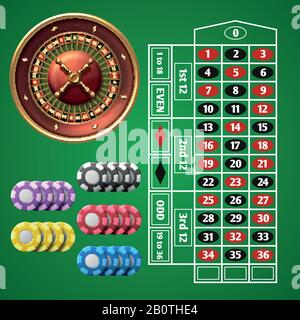 Roulette de casino en ligne et table de jeu avec jeu vectoriel de jetons. Illustration design table de roulette pour casino Illustration de Vecteur