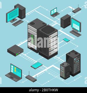 Carte isométrique vectorielle de gestion de réseau de données avec serveurs, ordinateurs et périphériques de mise en réseau d'entreprise. Illustration de la carte d'informations sur les données du serveur Illustration de Vecteur