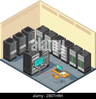 Salle de serveur de réseau isométrique avec rangée d'équipements informatiques. Le matériel de prise en charge du datacenter avec illustration vectorielle des serveurs Illustration de Vecteur