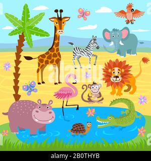 Jungle de bébé et zoo safari animaux vecteur nature fond. Zoo de safari sauvage, illustration de girafe et de tortue d'animaux sauvages Illustration de Vecteur