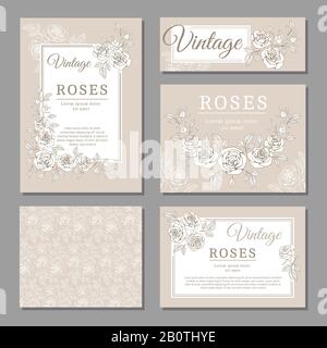 Classic mariage vintage cartes d'invitation avec roses et éléments floraux modèles vectoriels. Carte d'invitation mariage avec motif fleuri vintage illustration Illustration de Vecteur