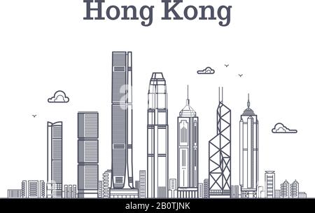 Chine ville de hong kong. Architecture monuments et bâtiments vecteur ligne panorama. Panorama urbain avec illustration du bâtiment gratte-ciel Illustration de Vecteur