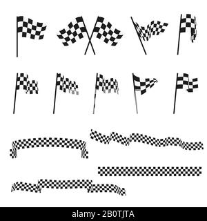 Drapeaux de course automatiques à damier noir et blanc et jeu de vecteurs de ruban de finition. Drapeau de sport pour la course de compétition, illustration du drapeau de chèque gagnant Illustration de Vecteur