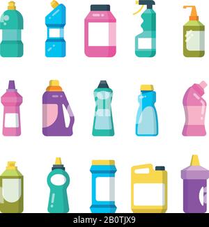 Nettoyage des produits ménagers. Flacons de nettoyage pour produits chimiques. Kit vectoriel de conteneurs sanitaires. Conteneur sanitaire chimique en plastique pour illustration de la salle de bain désinfectante Illustration de Vecteur