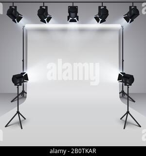 Equipement d'éclairage et studio de photographie professionnel fond blanc blanc. illustration vectorielle tridimensionnelle. Studio pour la photographie avec équipement de lumière Illustration de Vecteur