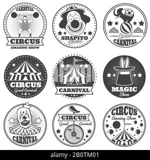 Étiquettes de cirque magique vintage. Logo et badges vectoriels pour les fêtes de fin d'année. Montrer le label rétro du carnaval, l'illustration de l'écusson du cirque du festival vintage Illustration de Vecteur