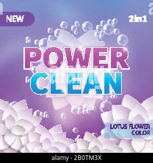 Conception du produit d'emballage vectoriel de lessive et de poudre à laver. Nettoyez le concept avec des bulles de mousse. Bannière de modèle de lavage de détergent pour illustration de la conception de l'emballage Illustration de Vecteur