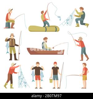 Pêche d'été sport vacances vecteur plates icônes. Pêcheurs avec poissons. Pêche de pêcheur dans l'illustration de bateau Illustration de Vecteur