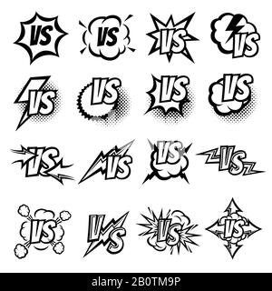 Par rapport à l'ensemble de logos vectoriels. Disputez les symboles de combat dans le style de bande dessinée de dessin animé. Contre le défi et le combat de combat, le sport et le jeu contre l'illustration Illustration de Vecteur