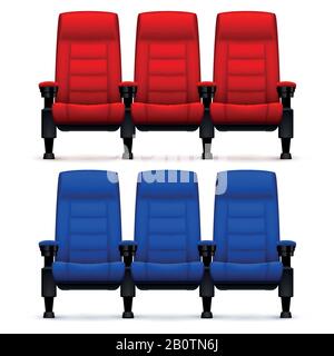 Salles de cinéma, chaises confortables vides. Illustration vectorielle des sièges vidéo réalistes. Chaise vide rouge et bleu pour le théâtre de cinéma de siège Illustration de Vecteur