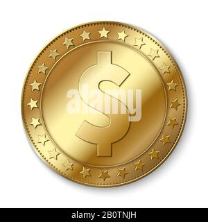 Pièce vectorielle réaliste en 3 dimensions en dollars d'or isolée sur le blanc. Symbole d'abondance de l'argent. Monnaie en dollars, illustration de l'investissement en argent comptant Illustration de Vecteur