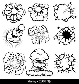 Nuages d'explosion rétro de dessin animé. Jeu de bandes dessinées. Explosion de fumée de nuage de bande dessinée, illustration de l'effet bulle de l'étiquette vectorielle Illustration de Vecteur