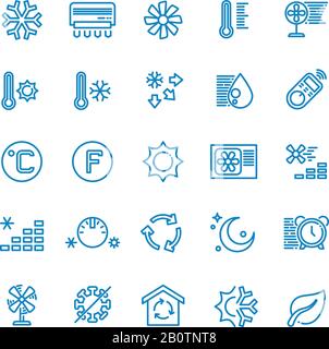 Icônes de ligne vectorielle de climatisation. Pictogrammes de température, d'humidité, de séchage, de refroidissement et de chauffage. Illustration de l'équipement du système de climatisation Illustration de Vecteur