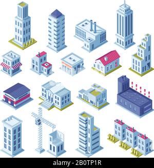 Projection isométrique des bâtiments urbains pour la carte. Maisons, zone de fabrication, stockage, rues et gratte-ciel bâtiment isolé vecteur ensemble Illustration de Vecteur
