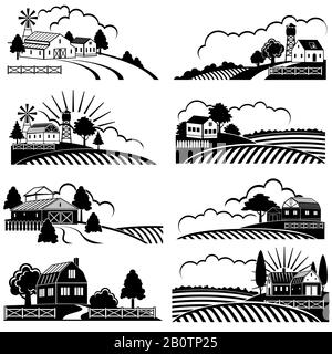 Paysages ruraux rétro avec bâtiment agricole dans le champ. Vector vintage woodcut art champ de ferme paysagiste, illustration d'esquisse de nature rurale Illustration de Vecteur