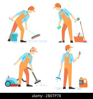 Personnel de nettoyage plat pour hommes isolé sur blanc. Groupe d'occupation plus propre, illustration vectorielle Illustration de Vecteur