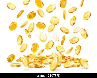 Explosion d'argent. Millions de dollars, pièce de monnaie en espèces en baisse, des pièces de casino en or pluie illustration vectorielle isolée Illustration de Vecteur