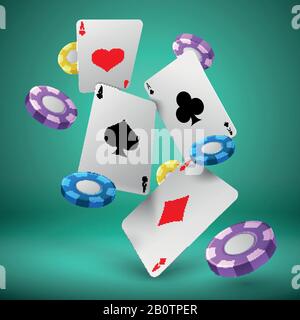 Chute des cartes de jeu et jetons de poker jeu arrière-plan. Casino succès jeu 3d vecteur concept. Puce pour jeu de poker et illustration de carte de jeu Illustration de Vecteur