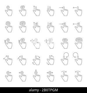 Appuyez sur les icônes de ligne vectorielle des gestes de la main. Touchez les pictogrammes de mouvements des doigts avec les flèches de défilement. Faites glisser votre doigt et faites-le glisser, maintenez le doigt appuyé sur l'illustration de l'écran sensoriel Illustration de Vecteur