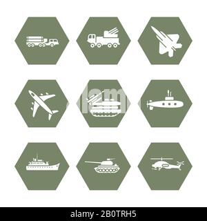 Ensemble d'icônes de transport militaire - conception d'icônes de l'armée. Transport militaire pour la guerre, illustration vectorielle Illustration de Vecteur